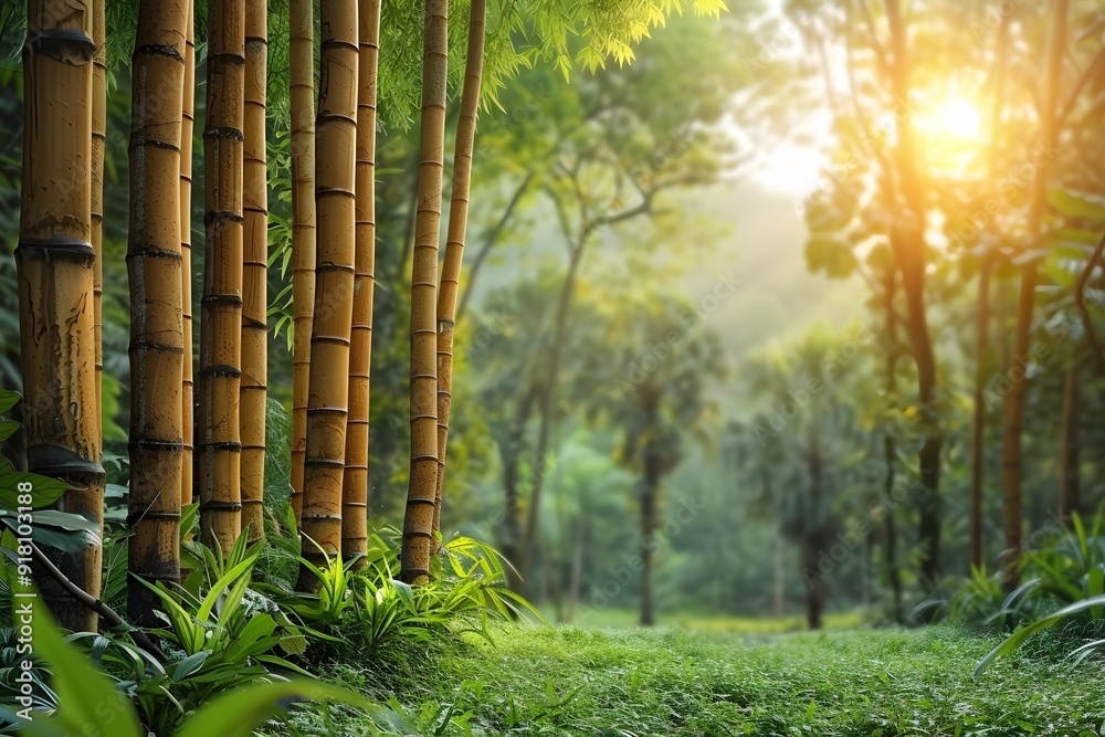 Serene Bamboo Forest with Sunlight Through Trees - Nature, Greenery, Relaxation, Peace Serene Bamboo Forest with Sunlight Through Trees - Nature, Greenery, Relaxation, Peace