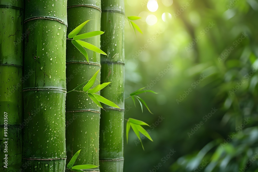 Obraz premium Serenity in Bamboo Forest with Dew-Kissed Leaves and Sunlight - Nature Background for Meditation and Relaxation