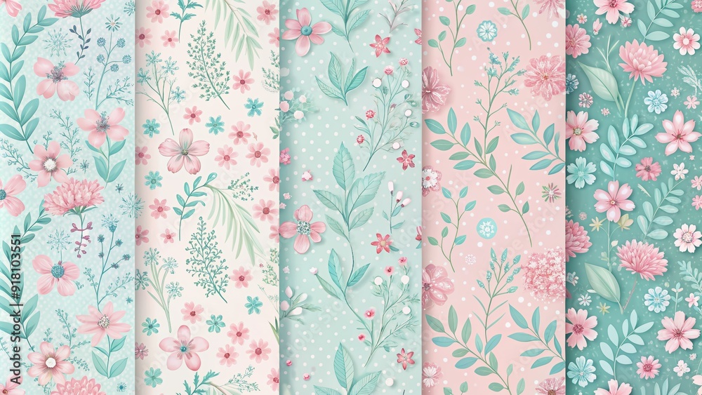 Soft focus pastel digital paper featuring delicate, hand-drawn floral illustrations in gentle hues of pink, baby blue, and mint, perfect for whimsical designs. Soft focus pastel digital paper featuring delicate, hand-drawn floral illustrations in gentle hues of pink, baby blue, and mint, perfect for whimsical designs.