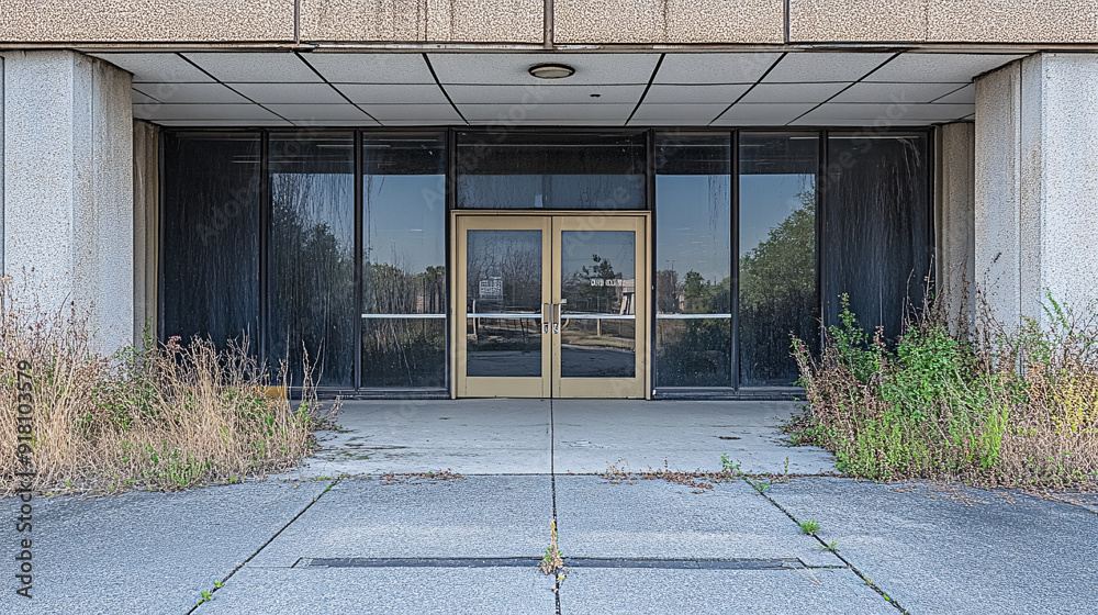 Abandoned Office Building with Closed Doors and Overgrown Weeds Reflecting Economic Challenges from Market Domination Abandoned Office Building with Closed Doors and Overgrown Weeds Reflecting Economic Challenges from Market Domination