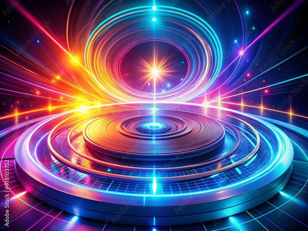 Vibrant glowing lines swirl around a futuristic circular turntable, emitting a mesmerizing digital aura, evoking innovation and technological advancement in a stunning abstract backdrop. Vibrant glowing lines swirl around a futuristic circular turntable, emitting a mesmerizing digital aura, evoking innovation and technological advancement in a stunning abstract backdrop.
