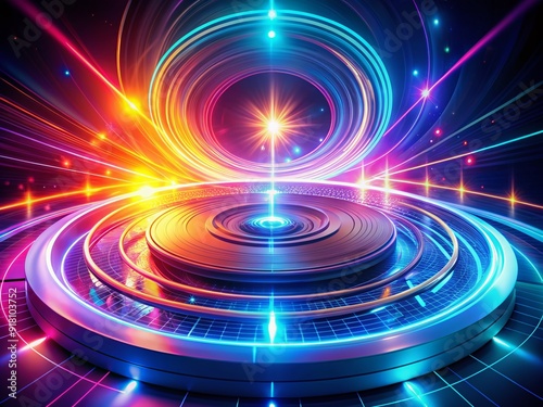 Vibrant glowing lines swirl around a futuristic circular turntable, emitting a mesmerizing digital aura, evoking innovation and technological advancement in a stunning abstract backdrop.