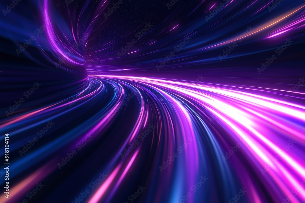 3d Render, Blue purple speed light line through dark background, abstract fast highway patch, hyper speed warp in space with generative ai