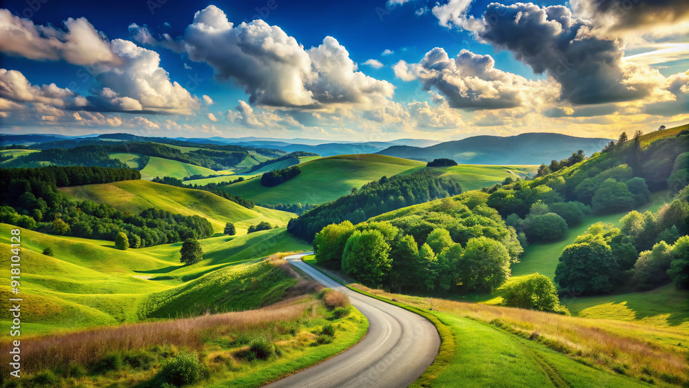 Obraz premium Serene winding road carves a scenic path through rolling hills and lush green forests under a bright blue sky with fluffy white clouds.