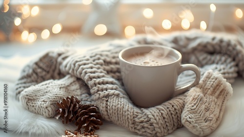 A cozy winter setup featuring a steaming cup of hot cocoa, a knitted scarf, and a pair of mittens on a white background. The scene evokes warmth and comfort.