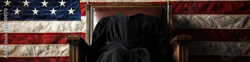 A judges gown, resting gracefully on an upright chair, with an American flag behind. photo