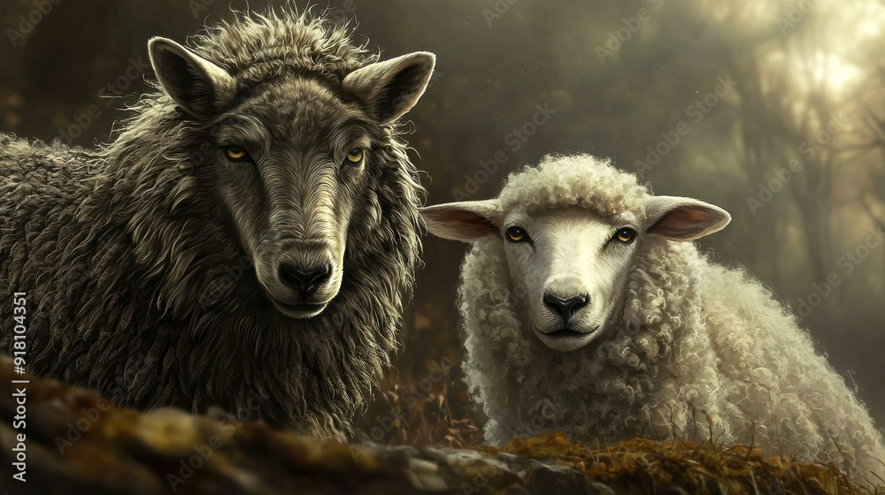 Obraz premium Two sheep, one black and one white, are standing next to each other
