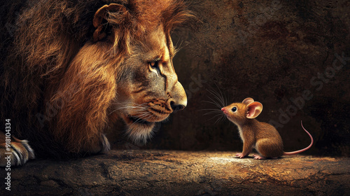 A lion and a mouse are standing next to each other