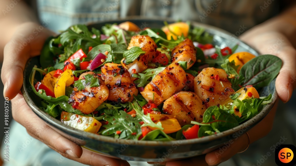 A person holding a colorful salad with grilled shrimp, fresh vegetables, and herbs in a rustic bowl under natural light A person holding a colorful salad with grilled shrimp, fresh vegetables, and herbs in a rustic bowl under natural light
