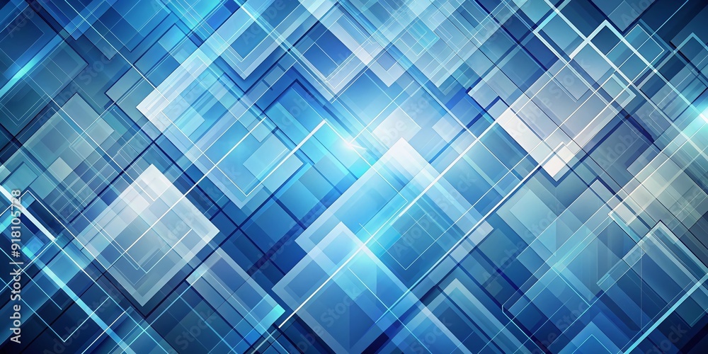 Abstract modern background featuring a geometric blue square pattern of lines and shapes set against a subtle gradient of darker blues and whites.