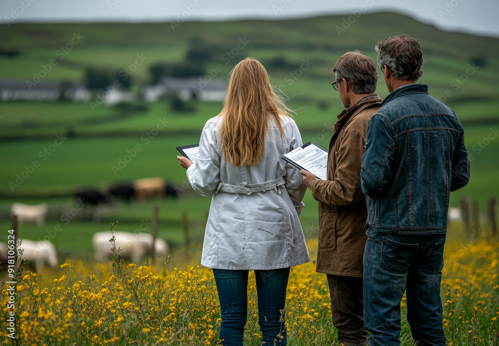 Three people observing livestock in a green field on a cloudy day. People take notes while observing cattle in a lush, grassy landscape. Three people observing livestock in a green field on a cloudy day. People take notes while observing cattle in a lush, grassy landscape.