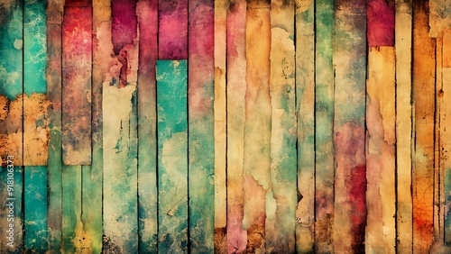 Playful vintage shapes in multicolor, forming a fun and vibrant retro pattern, wood bars