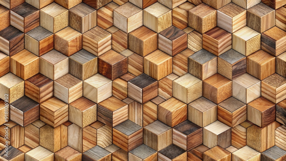 Geometric arrangement of natural wood mosaic squares and cubes forming a seamless repeating pattern background with warm earthy tones and subtle texture. Geometric arrangement of natural wood mosaic squares and cubes forming a seamless repeating pattern background with warm earthy tones and subtle texture.