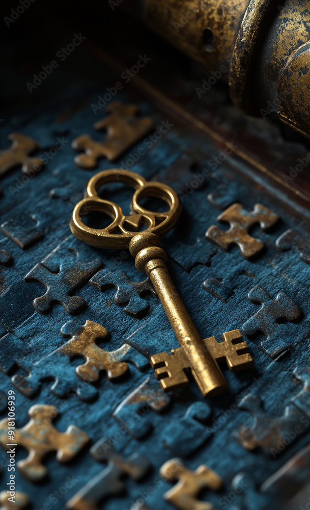 Antique golden key resting on a blue puzzle background. An ornate golden key lies atop a textured blue puzzle surface.
