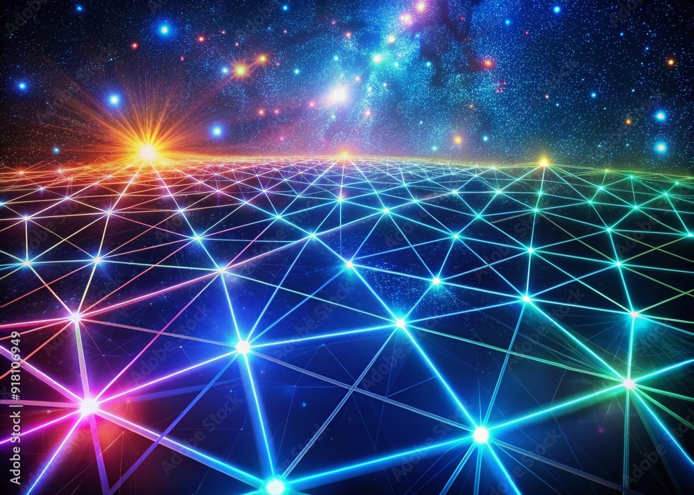 Vibrant neon lights illuminate a futuristic grid of interconnected nodes, reminiscent of a retro 80s sci-fi vision, set against a deep blue starry night sky. Vibrant neon lights illuminate a futuristic grid of interconnected nodes, reminiscent of a retro 80s sci-fi vision, set against a deep blue starry night sky.