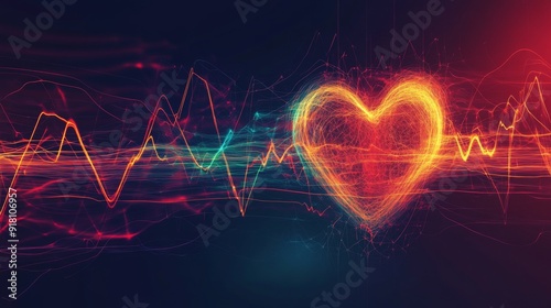 An abstract graphic representation of a heart rate waveform, with dynamic lines and color gradients, designed to illustrate the concept of heart rate in a visually engaging way.