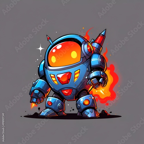 Blue and Red Robot with Fiery Design