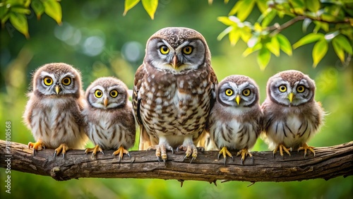 Adorable owl family perches on a branch together, featuring a wise mother owl surrounded by her curious and cuddly owlets, showcasing family bonding. photo