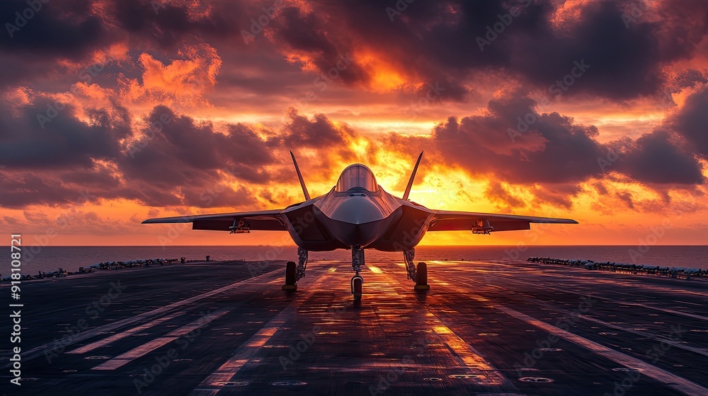 Modern stealth fighter jet parked on an aircraft carrier at sunset ...
