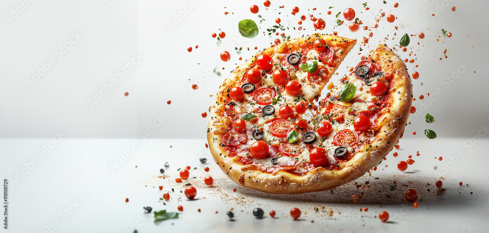 Tasty pizza with falling ingredients at white background , banner