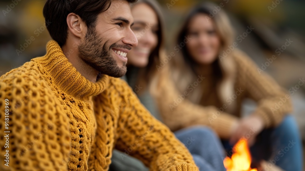 Obraz premium Cozy Autumn Evening: Friends Gathered Around Campfire in Sweaters, Creating Warm Nostalgic Atmosphere