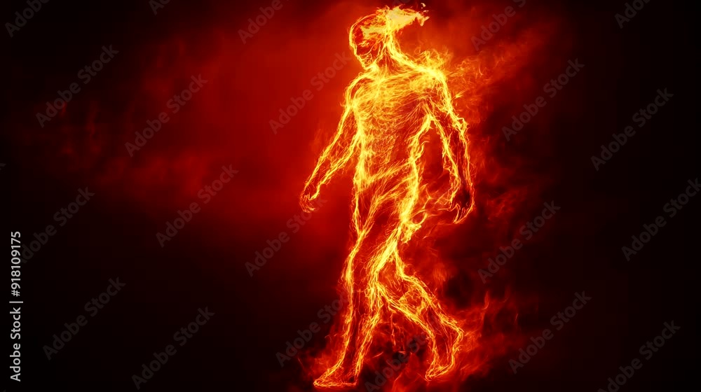 Seamless looping 4k time-lapse animation video background of a fiery figure engulfed in flames walking in a dark environment. Fire and energy concept Seamless looping 4k time-lapse animation video background of a fiery figure engulfed in flames walking in a dark environment. Fire and energy concept