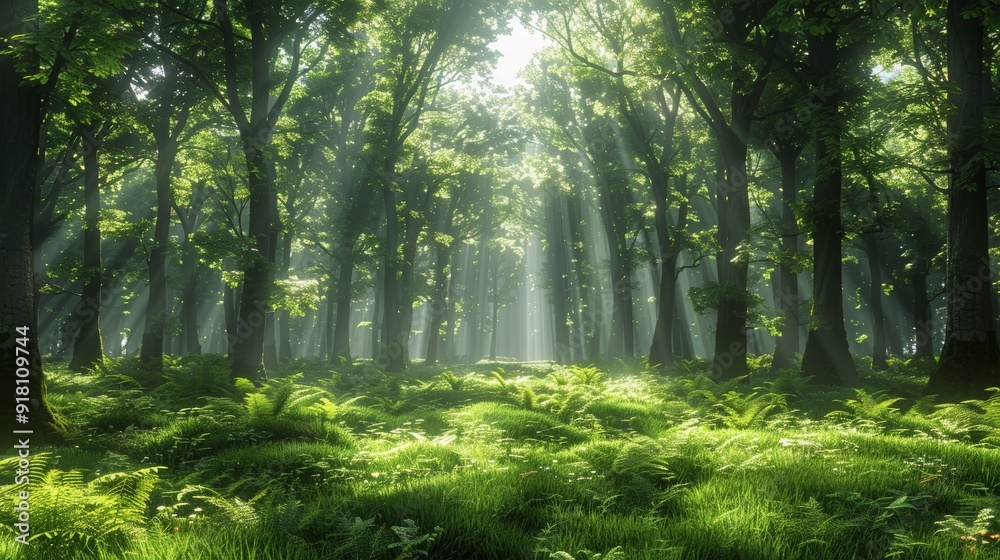 Fototapeta premium Sunlight filters through lush trees in a serene forest clearing during midday