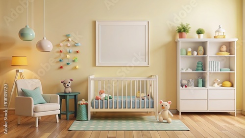Whimsical illustration of a wall frame mockup in a soft-lit, pastel-hued nursery, featuring white furniture, toys, and colorful artwork, against a cream-colored backdrop.