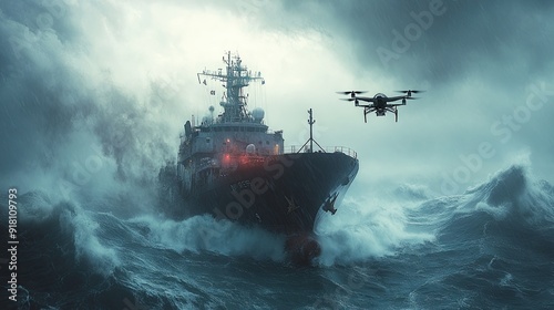 Drone carrier ship launching unmanned aerial vehicles into a stormy sky at sea