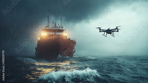 Drone carrier ship launching unmanned aerial vehicles into a stormy sky at sea