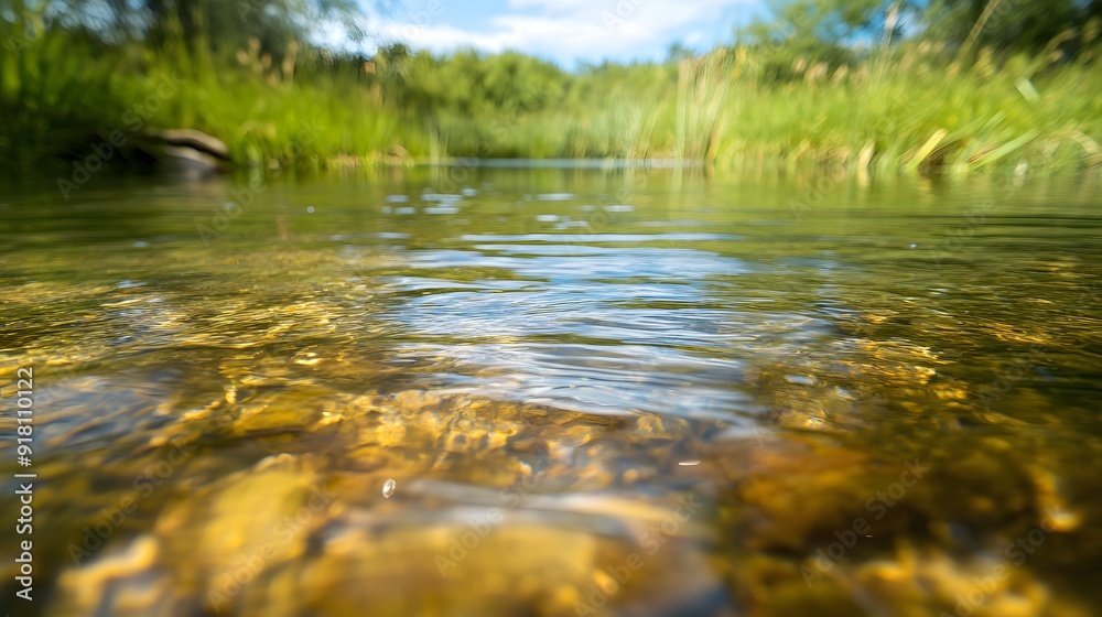 Crystal clear water flowing through a lush wetland, pristine environment, natural beauty Crystal clear water flowing through a lush wetland, pristine environment, natural beauty