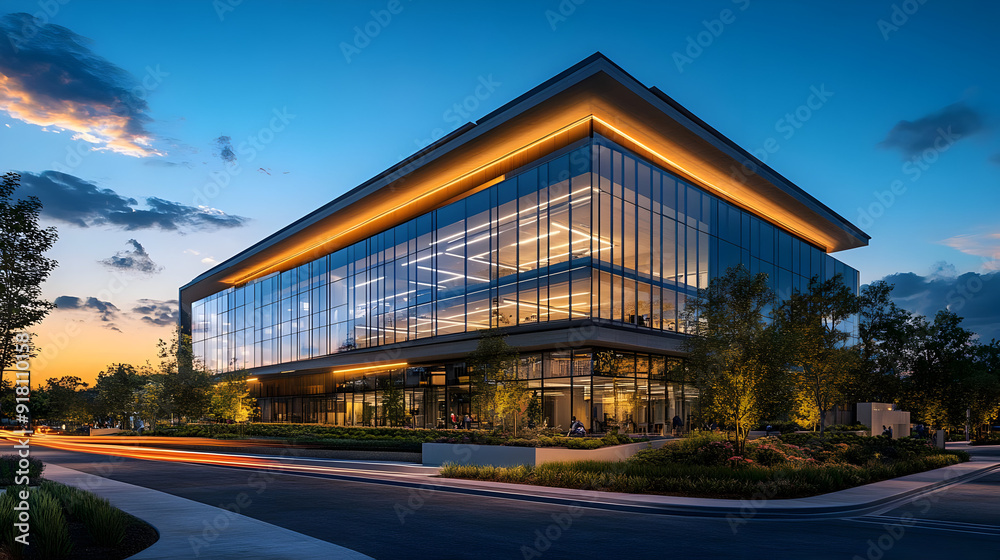 Modern office building with glass facade at dusk. Modern office building with glass facade at dusk.