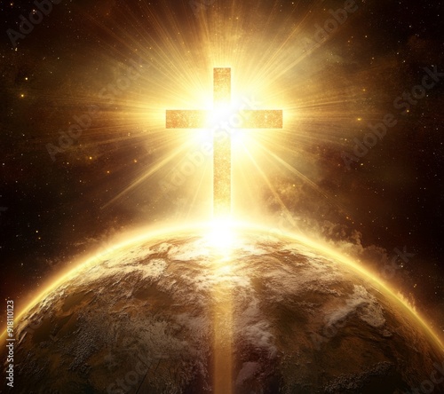 Divine Light: The Symbol of Purity, Truth, and Guidance as God's Radiance Illuminates Humanity, Embodied in a Cross Over the Earth - Ideal for Religious Art Projects.