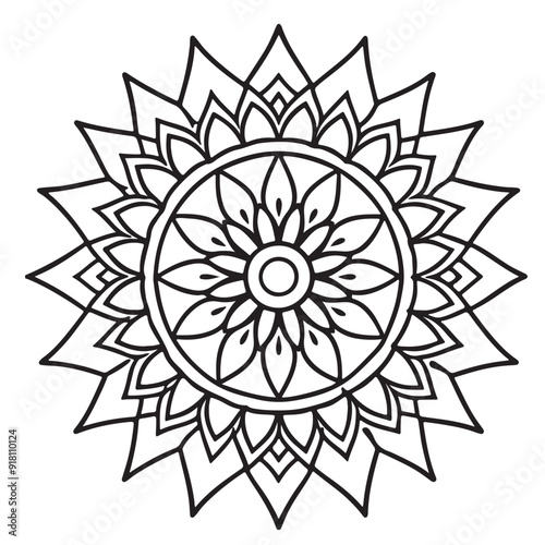 abstract  wild Mandela design png, adult anti-stress coloring page in line art, floral pattern coloring sheet