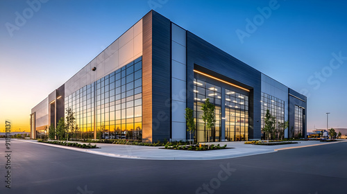 Modern office building with glass facade at dusk.