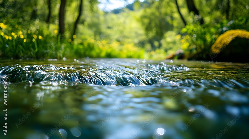 Fototapeta premium Crystal clear water flowing through a lush wetland, pristine environment, natural beauty