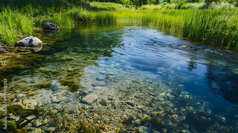 Pristine wetland with clear water and abundant plant life, symbolizing purity of nature Pristine wetland with clear water and abundant plant life, symbolizing purity of nature