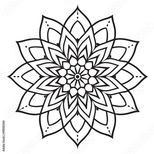 abstract  wild Mandela design png, adult anti-stress coloring page in line art, floral pattern coloring sheet