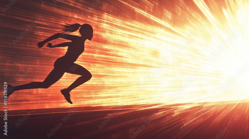 Silhouette of a woman sprinting on a track, with a radiant light behind her, creating an image of speed and resilience. Silhouette of a woman sprinting on a track, with a radiant light behind her, creating an image of speed and resilience.