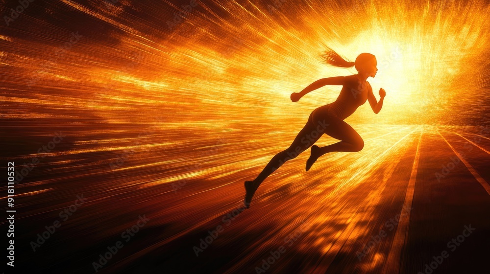 Silhouette of a woman sprinting on a track, with a radiant light behind her, creating an image of speed and resilience. Silhouette of a woman sprinting on a track, with a radiant light behind her, creating an image of speed and resilience.