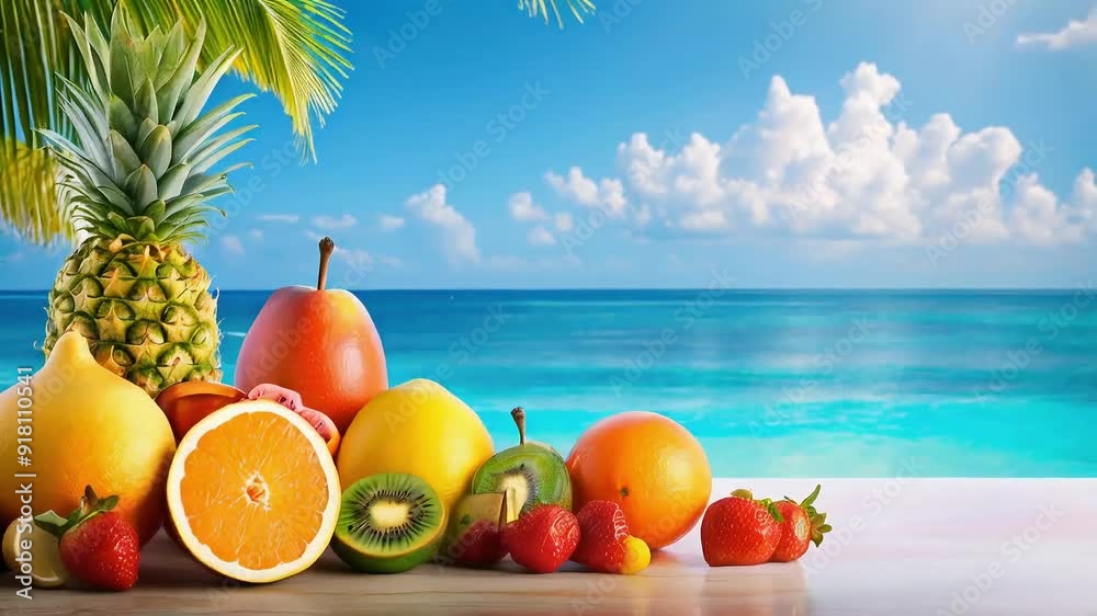 Tropical fruits on a table with a beach and ocean background. Tropical fruits on a table with a beach and ocean background.