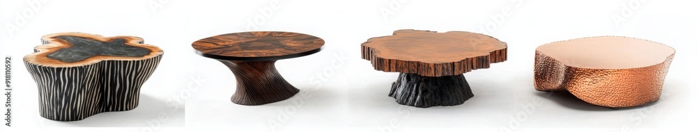 different tables made of carved zebrawood and polished copper with some patina. different tables made of carved zebrawood and polished copper with some patina.