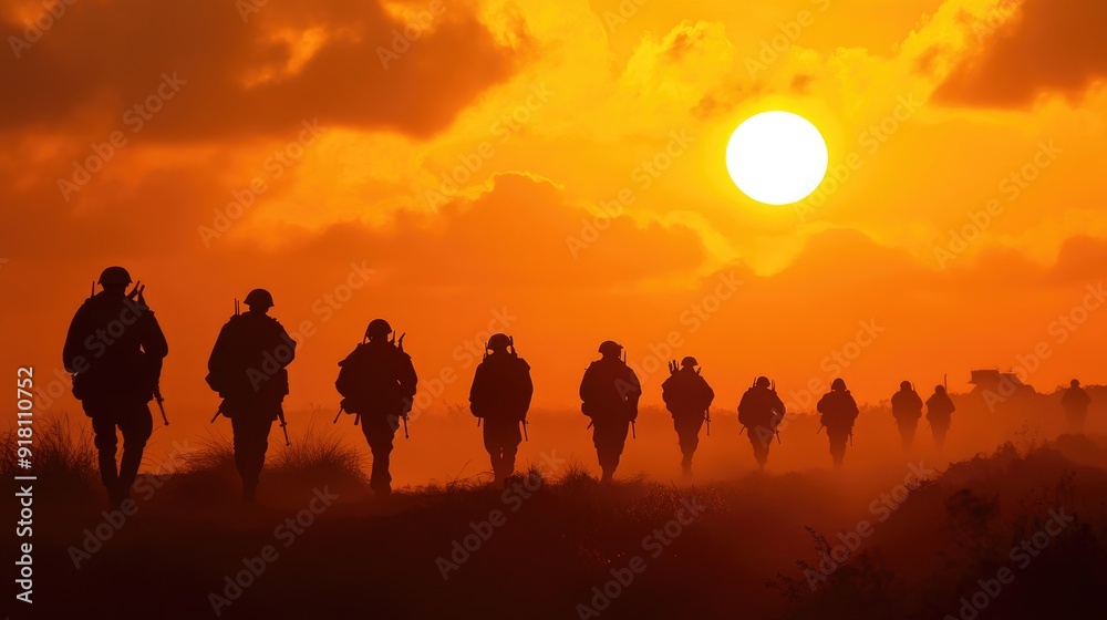 Silhouettes of soldiers walking towards the horizon, with the setting sun casting a golden glow over the scene Silhouettes of soldiers walking towards the horizon, with the setting sun casting a golden glow over the scene