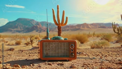 Vintage radio in a desert landscape.