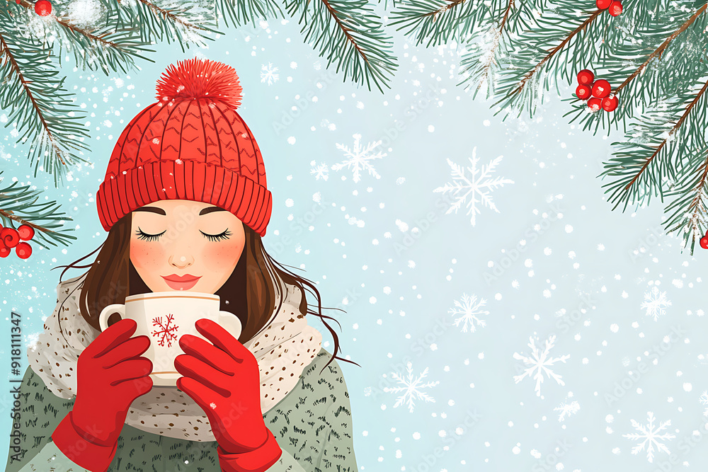 Beautiful brunette woman with eyes closed and smiling in red winter hat and scarf holding coffee with her hands Beautiful brunette woman with eyes closed and smiling in red winter hat and scarf holding coffee with her hands