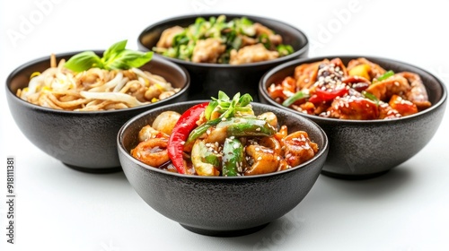 Set of bowls with tasty Chinese food on white background