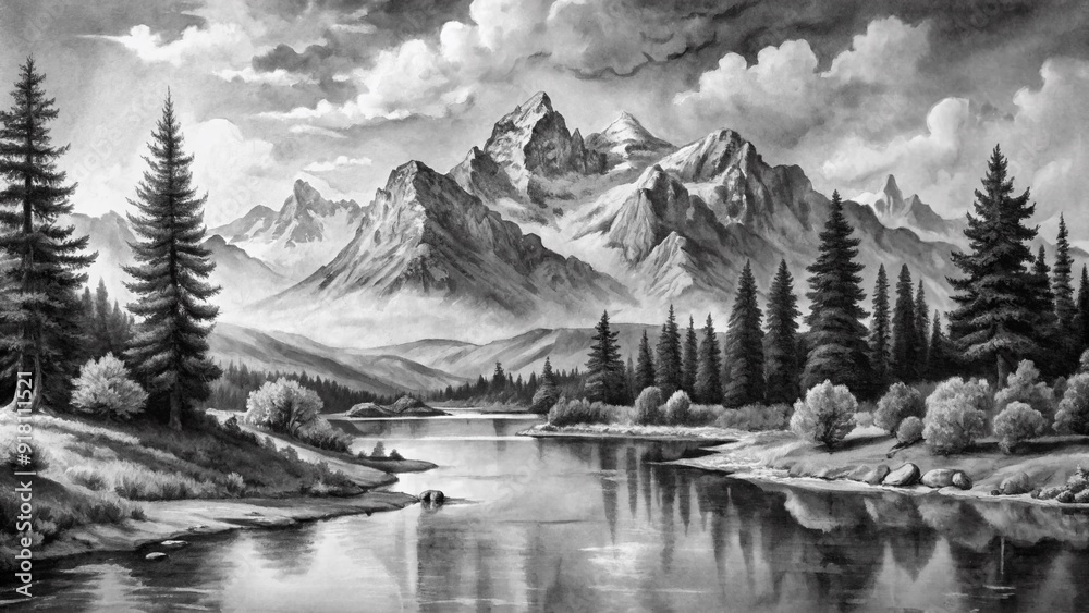 Fototapeta premium Black and white watercolor paintings of nature, mountains, rivers, clear skies and wildlife.