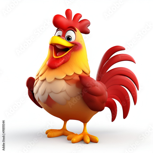 Colorful cartoon rooster standing cheerfully with a bright expression against a white background
