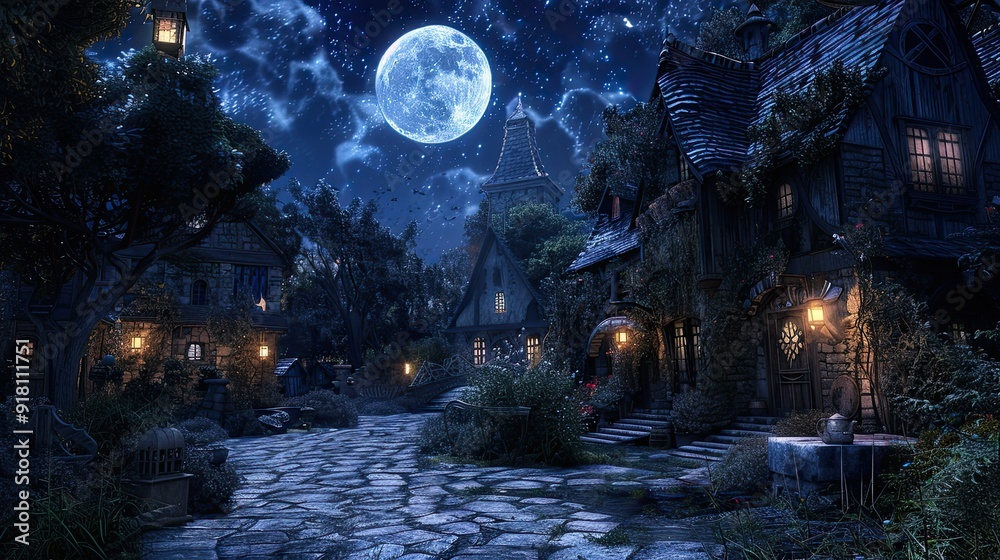 Obraz premium A moonlit village square, deserted but for eerie shadows and flickering lanterns casting uncertain light.