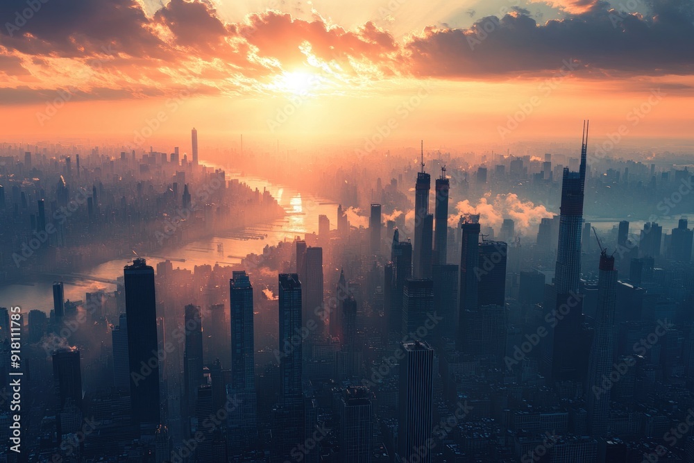 Sunrise Over A Skyline Of Skyscrapers With A River Running Through It Sunrise Over A Skyline Of Skyscrapers With A River Running Through It